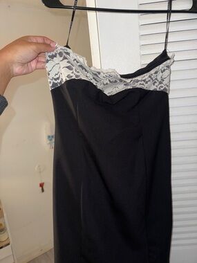 White Fox Boutique Black Mini Dress with Cream Lace Trim